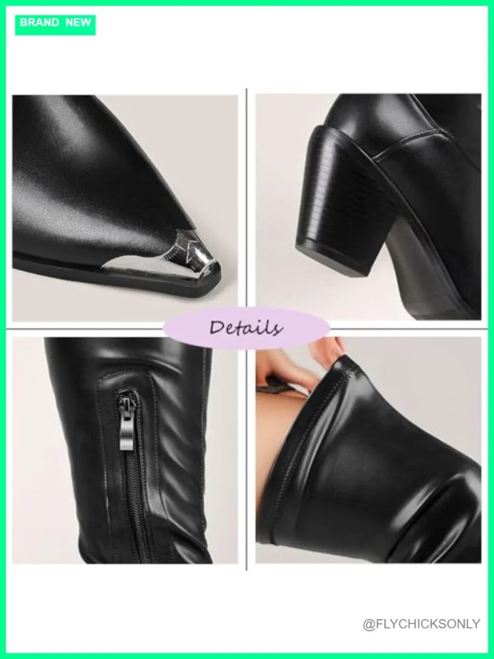 Stretch PU Leather Over The Knee Boots Chunky Heel Pointed Toe